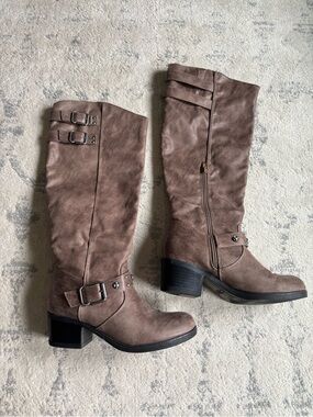 Women’s Taupe Knee-High Buckle Boots - Classic Riding Style